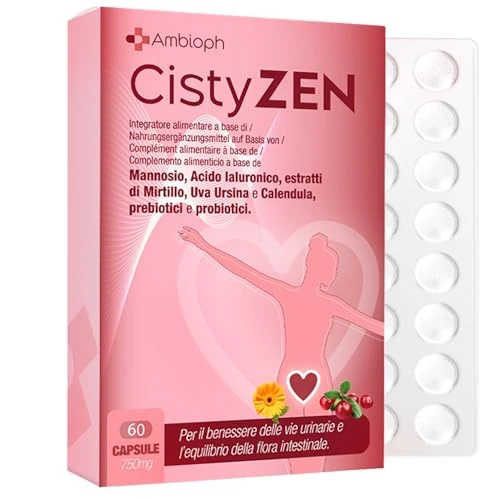 Cistyzen, D-mannosio e Mirtillo Rosso, per Cistite e infezioni delle vie urinarie - 60 capsule con Probiotici e prebiotici, Integratore naturale, soluzione ideale per la Vaginosi Batterica e Cistite