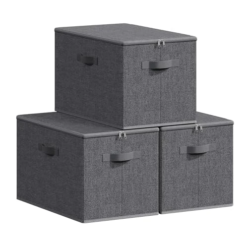SONGMICS Foldable Storage Organiser Boxes, Storage Basket Bins with Lids, Handles, Clothes Organiser, Non-Woven Fabric, Set of 3, 50 x 30 x 30 cm, Slate Grey RZB050GN02