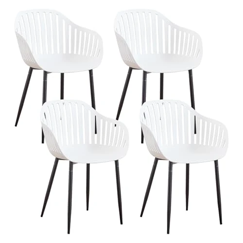 Tijdelijke aanbieding: GrandCA HOME Set van 4 moderne eetkamerstoelen, keukenstoel met armleuningen, verticale holle rugleuning en zwarte metalen poten, geschikt voor woonkamer, balkon, kantoor, wit van 184.00 € naar 99.00 € (46.2% korting)