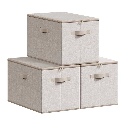 SONGMICS Boîte de Rangement, Pliable, avec Couvercle, Poignées, Coffre, Panier, pour Vêtements, Chaussres, en Tissu Non-tissé, Lot de 3, 50 x 30 x 30 cm, Beige Sable RZB050LZ04