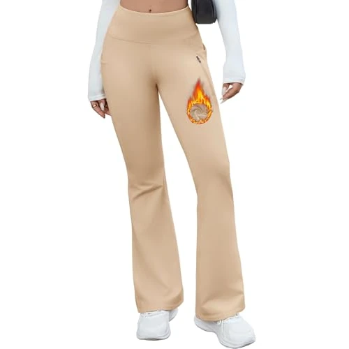 CMTOP Wandelen Hiking Leggings voor Vrouwen Fleece Gevoerde Broek Hoge Taille Flare Yoga Broek Dames Winter Gym Outdoor Broek met Zakken, Kaki, M