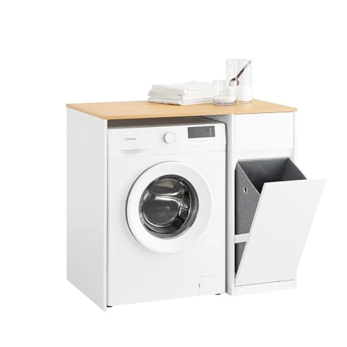 Offerta a tempo: SoBuy Mobile per lavatrice – Armadio da bagno con cesto portabiancheria e cassetto, per lavatrice e asciugatrice, Mobiletto salvaspazio legno, Bianco,100×60×90 cm, BZR217-WN - 15% da 154.95 € a 131.70 €