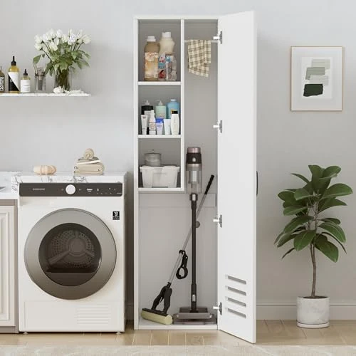 Oferta limitada: MSFE Armario Escobero Multiusos,40 cm de Ancho,con Estantes y Barra,Ventilación,Estrecho,Armario para Escobas Madera para Productos de Limpieza,Escobas y Aspiradora,160 * 40 * 30CM,Blanco de 135.99 € a 127.99 € (ahorro 6%)