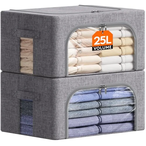 Offerta a tempo: Lifewit Scatole per Armadio Rigide con Cerniera, Contenitori per Armadio Salvaspazio, Scatole Vestiti Cambio Stagione con Struttura in Metallo Pieghevole, Grigio, 25 L, 2 Pezzi - 21% da 26.99 € a 21.42 €