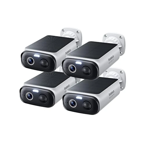 Baseus Security S1 Lite [4 Pezzi] Telecamera Wi-Fi Esterno senza Fili Pannello Solare, IP67 Videocamera Sorveglianza Batteria 2K 135°, Visione Colorata, Nessun Costo, Compatibile con Alexa & Google