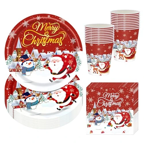 CSYY Christmas Party Tableware Set, 52 Pieces, 16 People, Snowflakes, Decorative Paper Plates, Santa Claus Cup, Paper Napkin for Christmas Party