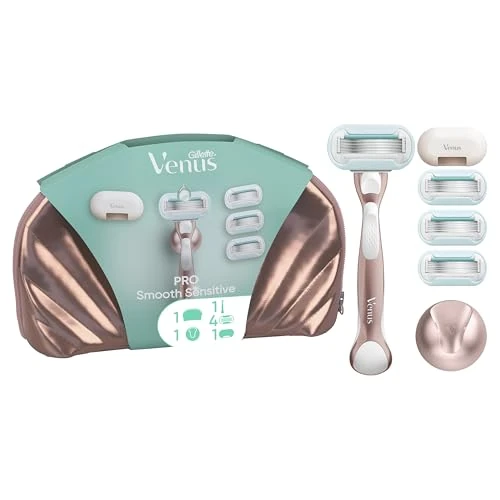 Offerta a tempo: Gillette Venus Pro Smooth Sensitive Rasoio Donna a 5 Lame per Pelli Sensibili con 4 Lamette Donna di Ricambio Gillette Venus, Manico in Metallo Riutilizzabile e Gancio per la Doccia - 50% da 39.99 € a 19.99 €