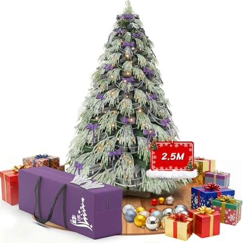 Huracan Sztuczna choinka z oświetleniem i śniegiem - choinka z drewnianą podstawą, gęsta igła, torba do przechowywania i przedmioty dekoracyjne - drzewko bożonarodzeniowe 210 cm, zielona