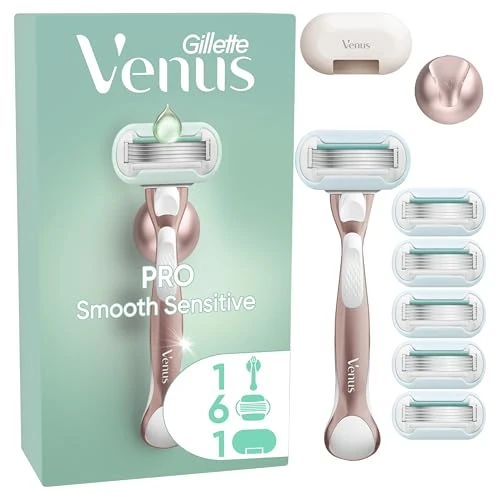 Gillette Venus Pro Smooth Sensitive - Cuchillas de sistema (6 unidades, pieza de mano, colgador de ducha y tapa protectora de viaje)