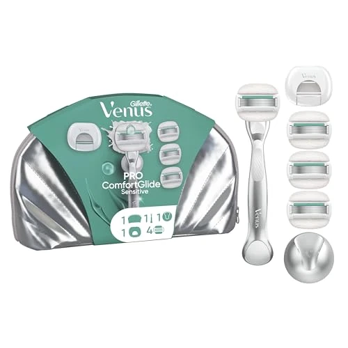 Gillette Venus Pro Comfortglide Sensitive zestaw upominkowy z ostrzami systemowymi 4 szt. + rękojeść + zawieszka prysznicowa + nakładka ochronna na podróż + kosmetyczka