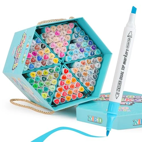 Offerta a tempo: XIEED Set di 120 Pennarelli ad alcool Double Punta (Fine & broad) - Confezione Regalo a Scatola Esagonale | Per Colorazione, Pittura, Schizzi, Disegno e Evidenziazione | Adulti & Appassionati d'Arte - 0.00% da 9.99 € a 9.99 €