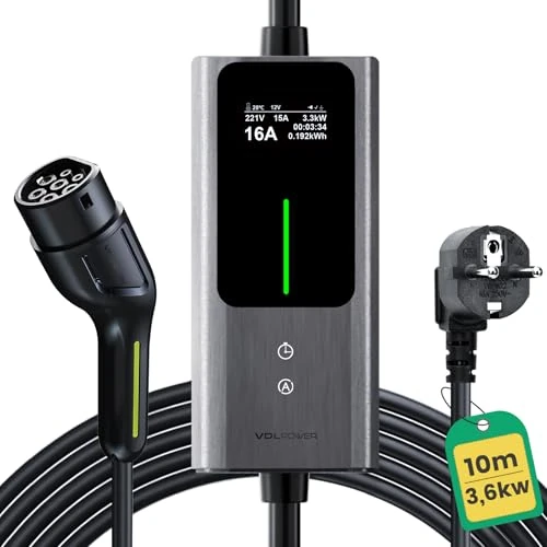 Offerta a tempo: VDLPOWEREU Cavo Ricarica Auto Elettrica Tipo 2, 3,68kW | 6-16A | 10m Caricatore Auto Elettrica Tipo 2 Schuko con LCD Controllo Digitale, Caricatore EV Schuko, IP65, IEC19621-2 - 36% da 239.00 € a 153.45 €