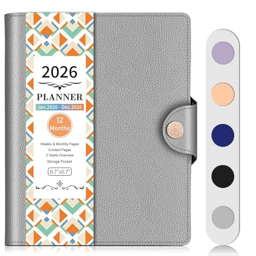 BLESWIN Agenda 2026, A5 Agenda Hebdomadaire Mensuel 12 Mois, Janvier 2026 à Décembre 2026, Couverture en cuir PU avec Boucle de Livre, Reliure Spirale pour Femmes Hommes, 22 cm x 17 cm, Gris