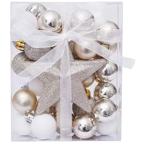 TenaLucy 30 Pieces Christmas Baubles with 10M Gold Thread, Christmas Tree Baubles Set with Tree Top Star, Christmas Balls for Christmas Tree and Party Decorations (Gold & White)