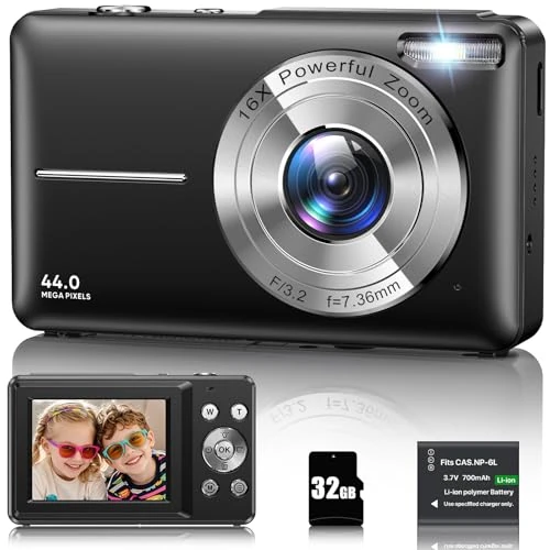 Offre limitee: Appareil Photo Numérique 1080P Appareil Photo 44 MP Appareil Photo Compact Portable avec Écran LCD 2,4", Zoom Numérique 16X, Carte Mémoire Micro 32 G, 1 Batterie pour Adolescents, Étudiants-Noir de 59.99 EUR a 45.11 EUR (economie 25%)
