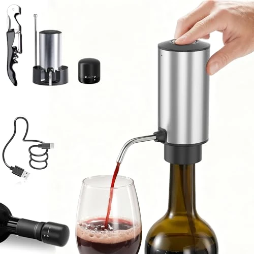 ZOYIDOUX Aeratore e versatore elettrico per vino con base, Decantatore Versatore ricaricabile USB, cavatappi e tappi sottovuoto per vino, Elegante regalo per gli amanti del vino (acciaio inossidabile)
