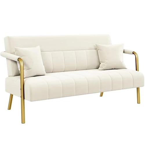 Yaheetech Canapé Rembourré en Velours à 2 Places avec Accoudoirs pour Salon 143,5 cm × 71,5 cm × 75,5 cm - Canapé Moderne avec 2 Coussins pour Salon, Chambre à Coucher - Beige