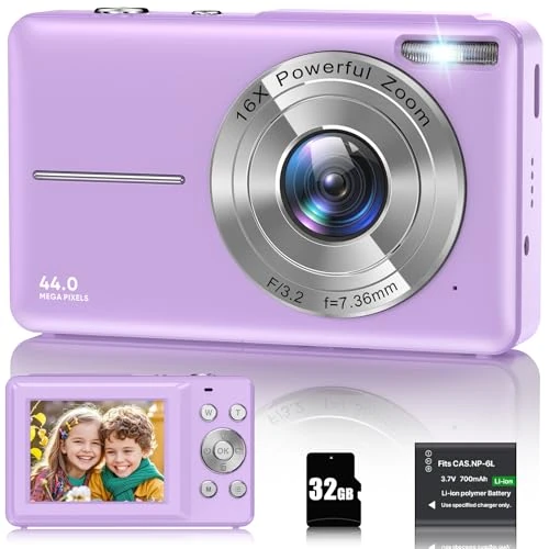 Offerta a tempo: Macchina Fotocamera Digitale 1080P Fotocamera 44MP Fotocamera Digitale Compatta con Zoom Digitale 16X, Schermo LCD da 2,4", Scheda di Memoria da 32G, 1 Batteria per Bambini, Adolescenti, Principianti - 25% da 59.99 € a 45.11 €