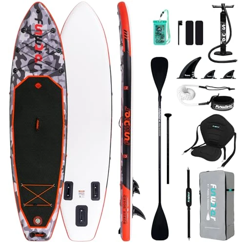 Oferta limitada: FunWater Tabla de paddle surf hinchable de 330 cm – set completo con remo, mochila, funda para teléfono móvil, 3 aletas, bomba, asiento y correa para el hombro – tabla SUP para principiantes y de 199.99 € a 199.99 € (ahorro 0.00%)