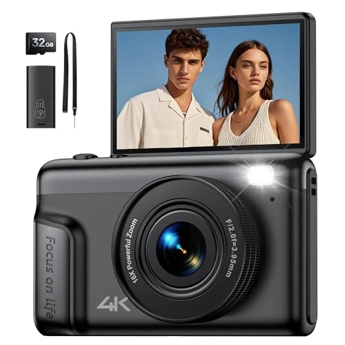 Digital Camera 4K Vlogging Camera: 64MP Compact Photo Camera for Video 180° Flip Screen 3" Portable Digital Cameras with 16X Digital Zoom 32GB SD Card Gifts for Kids Beginners Adults Black