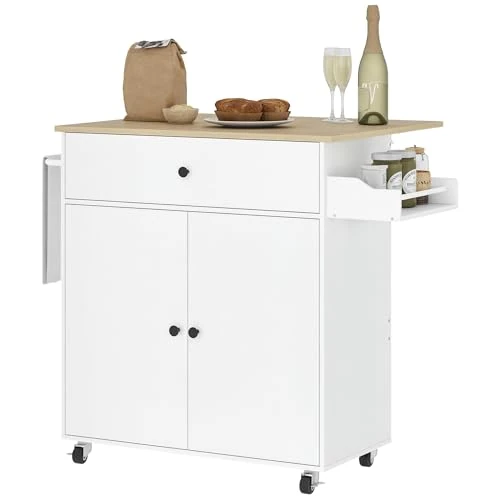 HOMCOM Isla para cocina con mesa abatible, cajón, armario de 2 puertas, especiero y toallero, mueble de cocina con estante ajustable y ruedas con freno, 106 x 42 x 87 cm, blanco