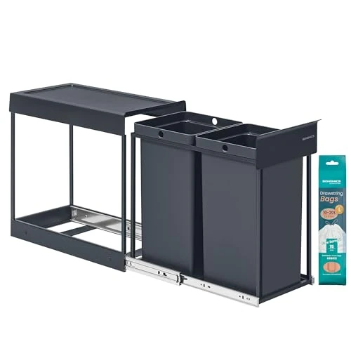 SONGMICS Papelera de Cocina para Reciclaje y Residuos, Cubo de Basura para Armario, 2 x 15 L Compartimentos Dobles, Extraíble, Marco de Acero, Tapa ABS, Gris LTB950GZ01