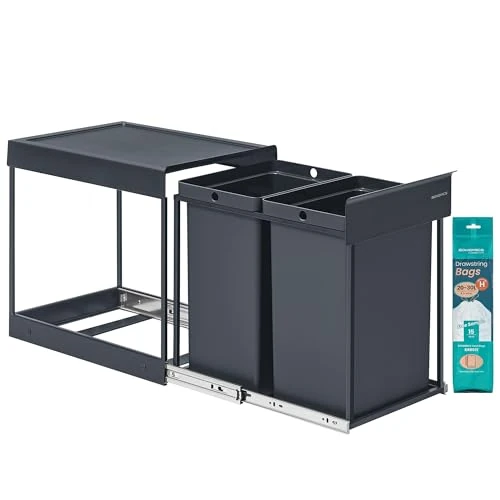SONGMICS Kitchen Bin for Recycling and Waste, Built-in Rubbish Bin for Cabinet, 2 x 5.3 Gallon (20 L) Double Compartments, Smooth Pull-Out Design, Steel Frame, ABS Lid, Grey LTB951GZ01