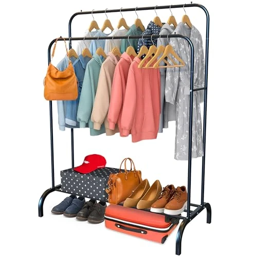 PORTENTUM Perchero burro ropa resistente de acero – hasta 35 kg – Organizador con doble barra y zapatero – Percheros de pie con pies antideslizantes – Tapas anti-caída para perchas – Montaje rápido