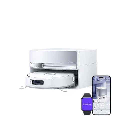 NARWAL Flow Robot Vacuum Cleaner with Compact Station, Car Water Supply and Drain, 22,000Pa, FlowWash Mop System, CarpetFocus Carpet Cleaning, 45-80°C Flushing and Hot Air Drying, Smart App