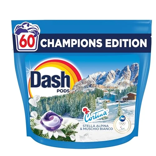 Offerta a tempo: Dash Pods Detersivo In Capsule, 60 Lavaggi, Champions Edition, Cortina, Stella Alpina e Muschio Bianco, Pulito e Freschezza in 1 solo lavaggio - 28% da 17.99 € a 12.99 €
