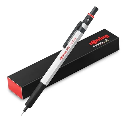 rOtring 500 Matita Meccanica | Mina HB 0,5 mm | Corpo esagonale in plastica bianca e impugnatura in metallo zigrinato antiscivolo