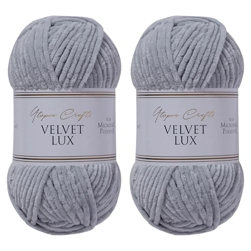 Utopia Crafts Velvet Lux Chenille Super Soft Chunky Yarn for Knitting and Crochet Yarn 2X 100g (Grey)