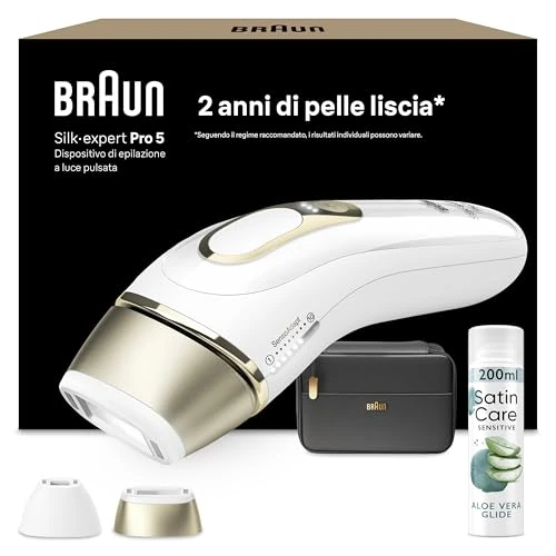 Braun Silk·expert Pro 5 Epilierer mit Lichtimpuls, Epilation zu Hause, Alternative zur Laser-Epilation, mit Tasche, 2 Köpfe, Geschenkidee, Weiß/Gold, PL5140 und Satin Care Gel zur Haarentfernung Aloe