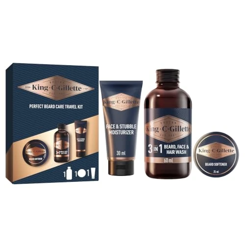 Offerta a tempo: King C Gillette Kit Viaggio Cura della Barba Detergente, Balsamo, Idratante | Per La Cura Della Barba, Con Detergente, Viso e Capelli, Balsamo e Idratante - 13% da 14.99 € a 12.99 €