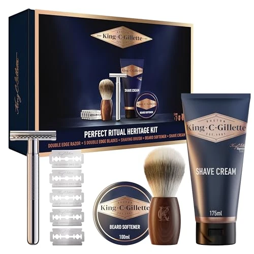 King C. Gillette Optimaal Ritual Heritage Set Mannencadeauset voor een dagelijks geurende baard, 1 scheermes voor mannen, met veilige dubbele snijrand, met 5 messen, 1 scheerkwast