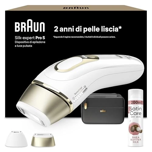 Braun Silk·expert Pro 5 Epilierer mit Lichtimpuls, Epilation zu Hause, Alternative zur Laser-Epilation, mit Tasche, 2 Aufsätzen, Geschenkidee, Weiß/Gold, PL5140 und Satin Care Gel für