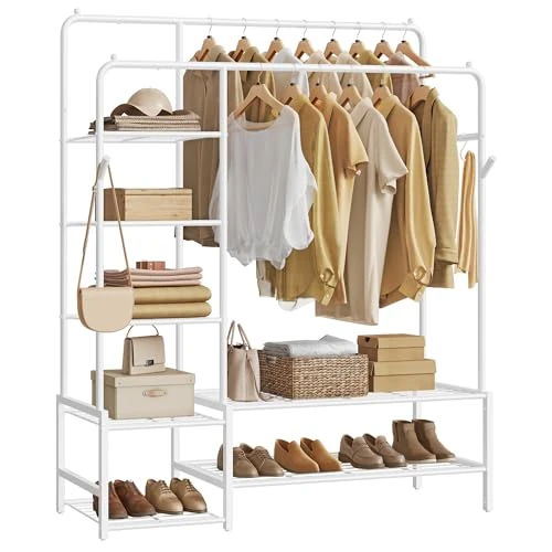 Tijdelijke aanbieding: SONGMICS HSR182WG01 Kledingrek, open kledingkast, metalen kapstok met 7 planken, hangstangen, voor slaapkamer, woonkamer, hal, wit van 49.99 EUR naar 49.99 EUR (korting 0%)