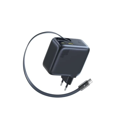 Baseus Enercore Caricatore USB C Da 100 W Con Cavo Estraibile, 3 Porte GaN, Caricatore Rapido PD Compatibile Con MacBook Pro Air, Dell, HP, iPad, iPhone 17/16/15/14 Pro Max Plus, Galaxy S25-S20 Ultra