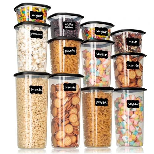 Cozary Zestaw pojemników na żywność – 12 hermetycznych pojemników na żywność (2 x 0,36L-1,64L) i 16 czarnych etykiet, idealne do pojemników kuchennych