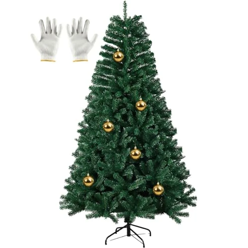Árbol de Navidad de 180 cm con 800 ramas, 6 bolas doradas brillantes, guantes incluidos, base de metal, fácil de montar para casa y oficina