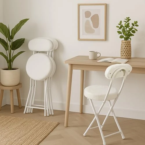 Offerta a tempo: MEUBLE COSY Set di 4 Sedia Pieghevole con Schienale e Poggiapiedi, Imbottiti in Faux Pelliccia, Gambe in Metallo per Reception, Soggiorno e Ufficio, Bianco - 0.00% da 94.14 € a 94.14 €