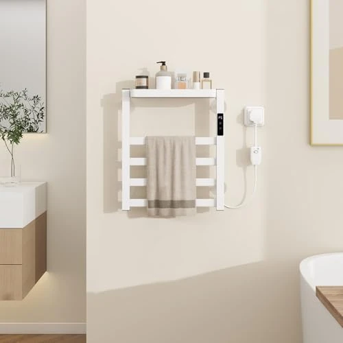 YU YUSING Elektrische handdoekradiator voor badkamer, 47 x 40 x 11 cm, intelligente badkamerradiator met een plank, handdoeken met wandradiator, handdoekhouder, 72 W, led-display, touch tegenover, wit