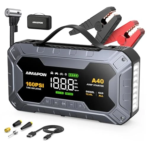 Offerta a tempo: 8000A & 160PSI Booster Avviamento Auto con Compressore Aria Portatile, Avviatore Batteria 27000mAH（Tutti Gas 12L Diesel）Jump Starter con 600LUMEN,Ricarica USB-C AIMAPOW - 0.00% da 59.99 € a 59.99 €