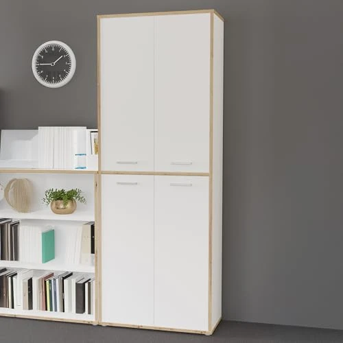 Forte KEFLAVIK 80 90 - Armario de Oficina Moderno con 4 Puertas, Madera de Roble Artesano, Color Blanco, 84,5 cm de Ancho x 226,5 cm de Alto x 41,5 cm de Profundidad