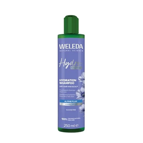 WELEDA Bio Hydra Shine szampon nawilżający z kwasem hialuronowym i linem alpejskim – naturalny kosmetyk, szampon do pielęgnacji włosów suchych (1 x 250 ml)