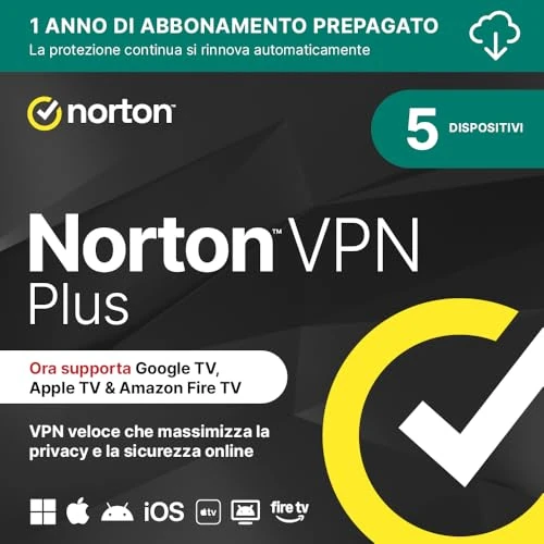 Offerta a tempo: Norton VPN Plus 2026 │ 5 Dispositivi │ 1 Anno rinnovo automatico │ Codice d'attivazione via email - 77% da 94.99 € a 21.88 €