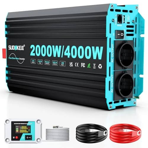 Offerta a tempo: Inverter SUDOKEJI 2000W/4000W ad Onda Sinusoidale Pura, Convertitore 12V-230V con Telecomando LCD, Porte USB/Type-C e 2 Prese UE per Solare, Veicoli e Camper - 5% da 169.99 € a 161.49 €