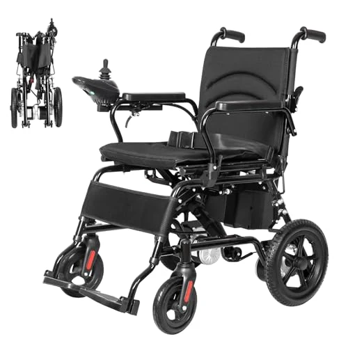 Mindmed Folding electric wheelchair with dual 500W motors, 24V 12Ah lead-acid batteries, 100kg payload, 0-6km/h adjustable speed and multi-function remote control.
