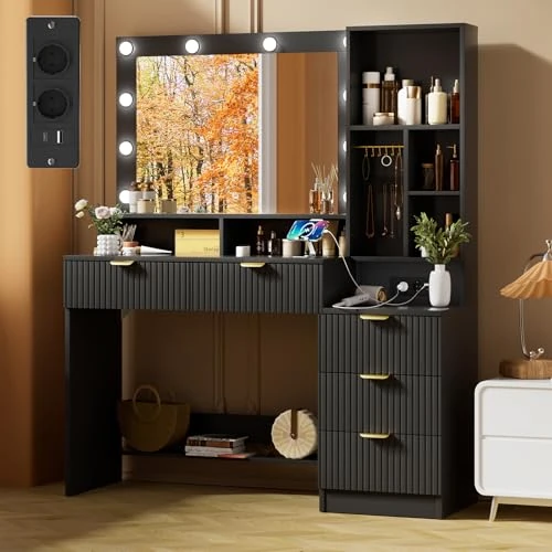 Offerta a tempo: TRIUMPHKEY Toeletta Trucco con Specchio e Luci,Tavolo da Toilette con Cassetti, Postazione Trucco con Ripiani Aperti, Ganci per Gioielli e Presa Elettrica per Camera da Letto,Moderno (Nero) - 15% da 169.00 € a 142.99 €