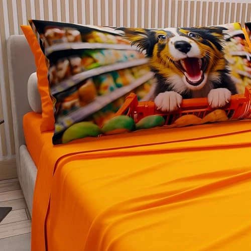 Offerta a tempo: PETTI Artigiani Italiani - Lenzuola Animali con Cani in Cotone con Federe in Stampa Digitale, Lenzuola Una Piazza e Mezza Francese, Completo Letto Una Piazza e Mezza Arancione, 100% Made in Italy - 0.00% da 39.90 € a 39.90 €